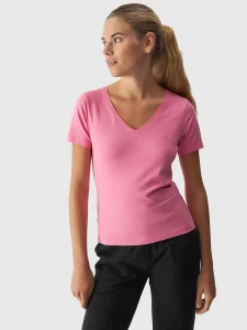 T-SHIRT SLIM GŁADKI DAMSKI 4FWAW24TTSHF1649 RÓŻOWY