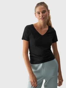 T-SHIRT SLIM GŁADKI DAMSKI 4FWAW24TTSHF1649 GŁĘBOKA CZERŃ