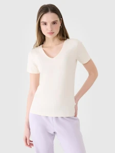 T-SHIRT SLIM GŁADKI DAMSKI 4FWSS25TTSHF1990 ZŁAMANA BIEL