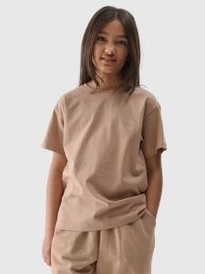 T-SHIRT OVERSIZE GŁADKI DZIEWCZĘCY 4FJWSS25TTSHF2326 BEŻ