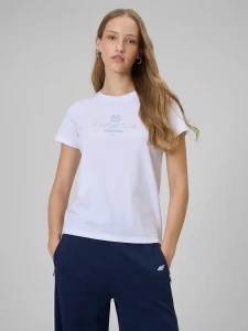 DAMSKI T-SHIRT REGULAR Z NADRUKIEM 4FWSS26TTSHF2724 BIAŁY