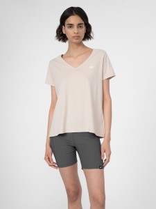 T-SHIRT REGULAR GŁADKI DAMSKI 4FSS23TTSHF342 BEŻ