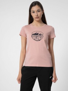 T-SHIRT REGULAR Z BAWEŁNY ORGANICZNEJ DAMSKI 4FSS23TTSHF348 JASNY RÓŻ