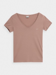T-SHIRT GŁADKI W SEREK DAMSKI 4FAW23TTSHF0941 BEIGE