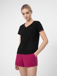 T-SHIRT REGULAR GŁADKI DAMSKI 4FSS23TTSHF582 GŁĘBOKA CZERŃ